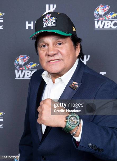 In this handout image provided by Hublot Roberto Duran attends the Hublot x WBC "Night of Champions" Gala at the Encore Hotel on May 03, 2019 in Las...