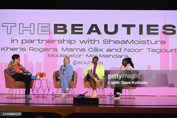 Beautycon CEO and Co-Founder Moj Mahdara, Noor Tagouri, Mama Cax and Kheris Rogers speak on stage at Beautycon Festival New York 2019 on April 07,...