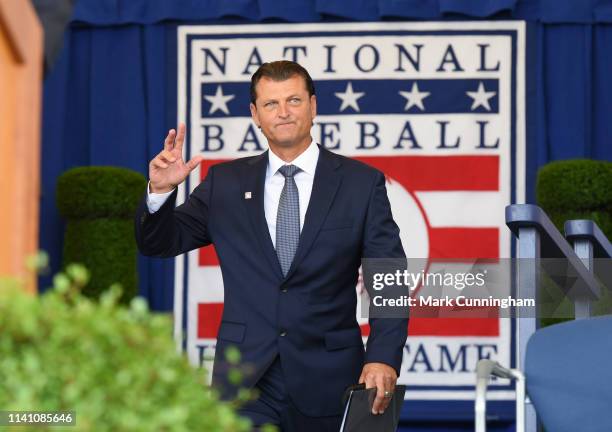 Inductee Trevor Hoffman is introduced during the Baseball Hall of Fame induction ceremony at the Clark Sports Center on July 29, 2018 in Cooperstown,...