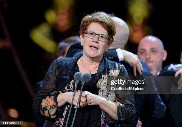 Cast and crew of 'Come From Away' celebrate winning the Mastercard Best New Musical award on stage during The Olivier Awards 2019 with Mastercard at...