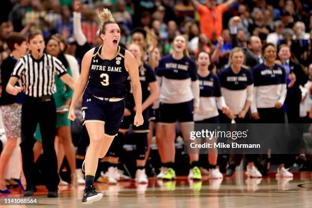 Marina Mabrey of the Notre Dame Fighting Irish celebrates her basket against the Baylor Lady Bears during the fourth quarter in the championship game...