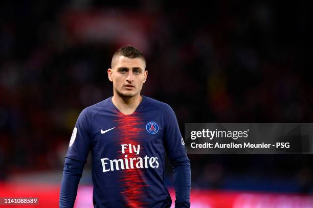 Marco Verratti of Paris Saint-Germain looks on during the Ligue 1 match between Paris Saint-Germain and RC Strasbourg at Parc des Princes on April...