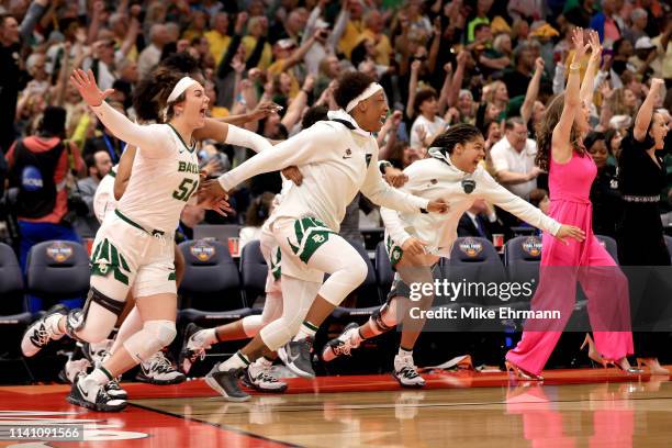 The Baylor Lady Bears celebrate their 82-81 win over the Notre Dame Fighting Irish to win the championship game of the 2019 NCAA Women's Final Four...