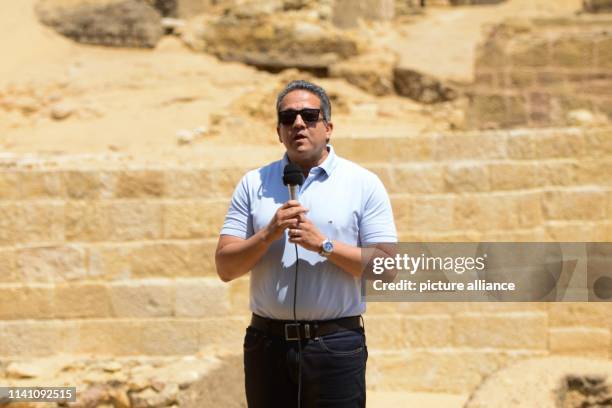 May 2019, Egypt, Giza: Egyptian Minister of Antiquities Khaled al-Anani announces the discovery of an ancient limestone tomb of two priests from the...