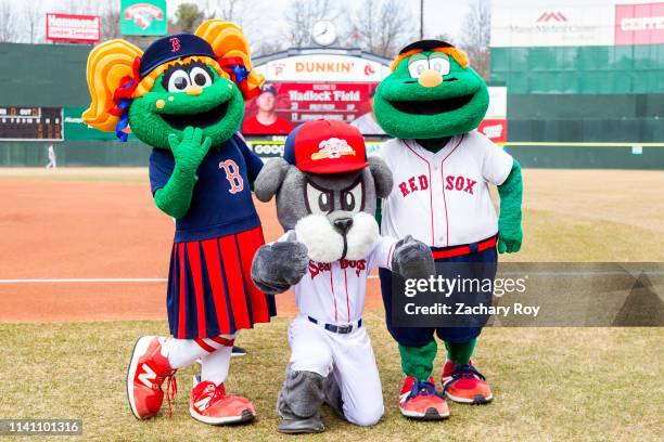 Portland Sea Dogs mascot, Slugger, poses with Boston Red Sox mascots, Wally and Tessie at Hadlock Field on April 7, 2019 in Portland, Maine.