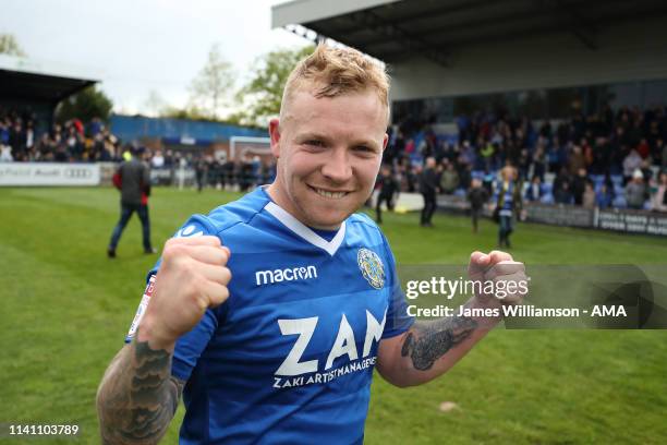 Elliott Durrell of Macclesfield Town celebrates at full time of the Sky Bet League Two match between Macclesfield Town and Cambridge United at Moss...