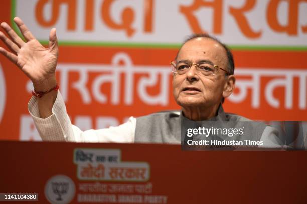 Finance Minister Arun Jaitley speaks to media during a press conference, at BJP Headquarters, on May 4, 2019 in New Delhi, India. Arun Jaitley...