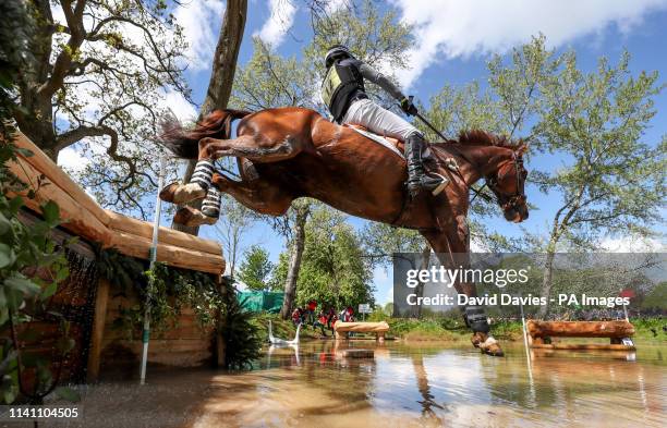 Tim Price on Bango at the Hildon Water Pond on the Cross Country during day four of the 2019 Mitsubishi Motors Badminton Horse Trials at The...