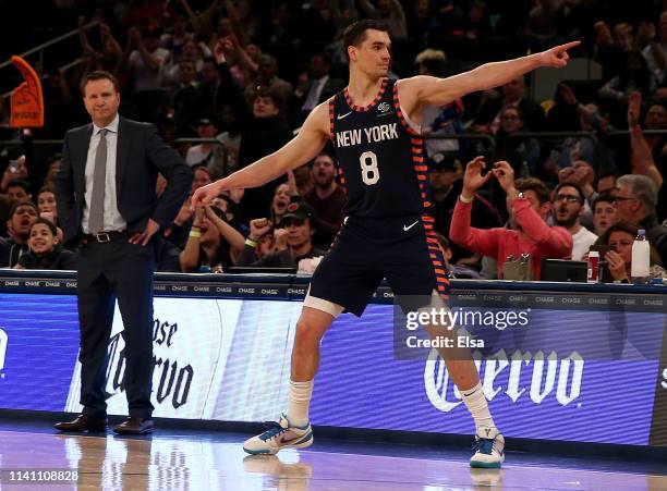 Mario Hezonja of the New York Knicks celebrates his three point shot by pointing to the Washington Wizards bench at Madison Square Garden on April...