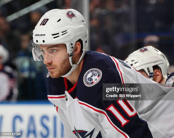 Alexander Wennberg of the Columbus Blue Jackets prepares for a faceoff against the Buffalo Sabres during an NHL game on March 31, 2019 at KeyBank...