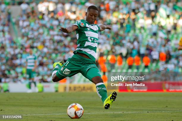 Marlos Moreno of Santos controls the ball during the 13th roun match between Santos Laguna and Pachuca as part of the Torneo Clausura 2019 Liga MX at...