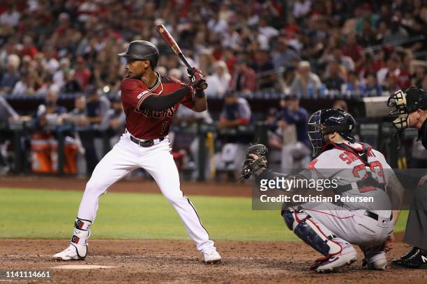 Jarrod Dyson of the Arizona Diamondbacks bats against the Boston Red Sox during the ninth inning of the MLB game at Chase Field on April 07, 2019 in...