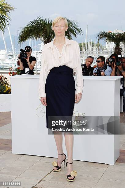 Actress Tilda Swintonattends the 'We Need To Talk About Kevin' photocall during the 64th Annual Cannes Film Festival at the Palais des Festivals on...