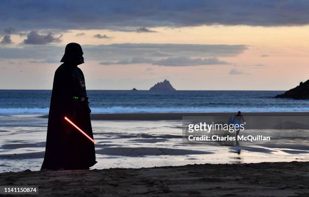 501st Garrison Ireland Leigon member John O'Dwyer dressed as the character Darth Vader looks out towards Skellig Michael island on May 4, 2019 in...