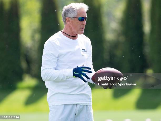 Seattle Seahawks head coach Pete Carroll during the Seahawks Rookie Mini-Camp on May 04 at Virginia Mason Athletic Center in Renton, WA.