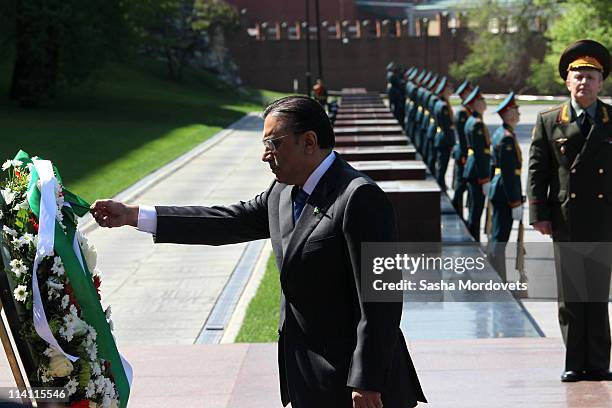 President of Pakistan Asif Ali Zardari attends a wreath-laying ceremony at the Tomb of Unknown Soldier near the Kremlin Wall May 12, 2011 in Moscow,...