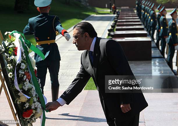 President of Pakistan Asif Ali Zardari attends a wreath-laying ceremony at the Tomb of Unknown Soldier near the Kremlin Wall May 12, 2011 in Moscow,...