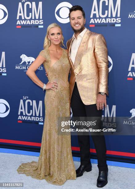 Caroline Boyer and Luke Bryan attend the 54th Academy of Country Music Awards at MGM Grand Garden Arena on April 07, 2019 in Las Vegas, Nevada.