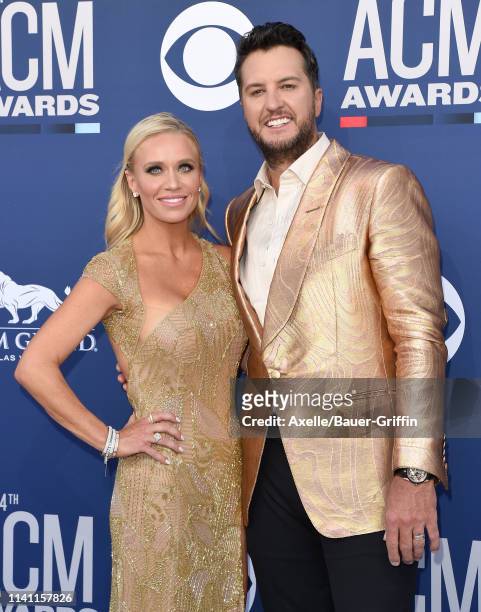 Caroline Boyer and Luke Bryan attend the 54th Academy of Country Music Awards at MGM Grand Garden Arena on April 07, 2019 in Las Vegas, Nevada.