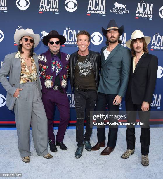 Jess Carson, Mark Wystrach and Cameron Duddy of Midland and Dennis Quaid attend the 54th Academy of Country Music Awards at MGM Grand Garden Arena on...