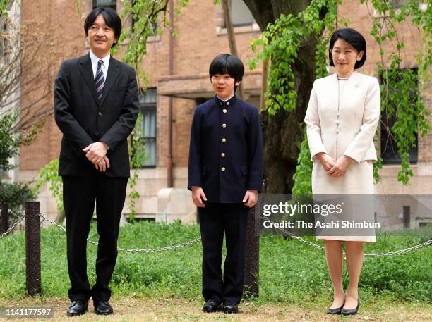 Prince Hisahito poses for photographs with his parents Prince Akishino and Princess Kiko prior to attending the welcome ceremony at the Ochanomizu...