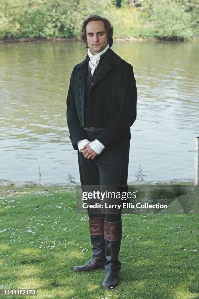 English actor Mark Strong pictured dressed in period costume for his role as George Knightley in the television adaptation of the Jane Austen novel...