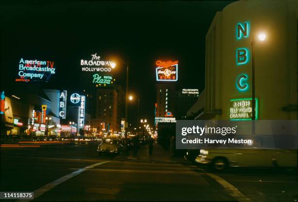 The intersection of Sunset Boulevard and Vine Street in Los Angeles, California, looking north, circa 1950. On the right are the NBC Radio City...