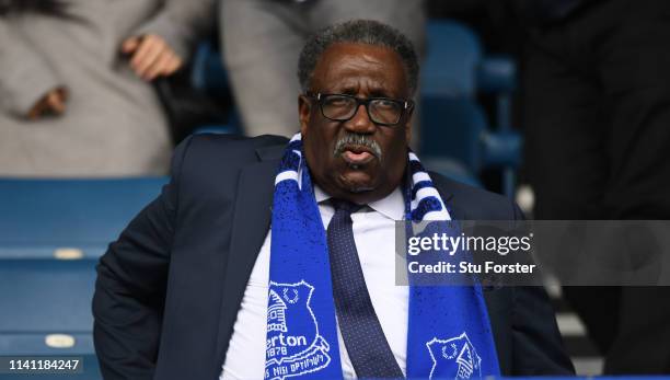 Ex West Indies cricket captain Clive Lloyd pictured wearing an Everton scarf during the Premier League match between Everton FC and Arsenal FC at...