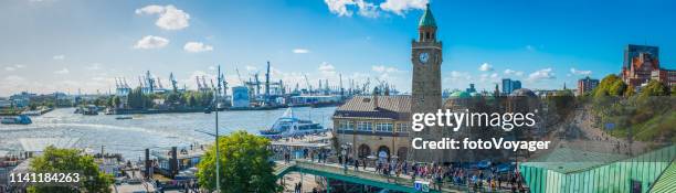 hamburg landungsbrucken st pauli elbe waterfront harbour shipyards panorama germany - hamburger hafen stock-fotos und bilder