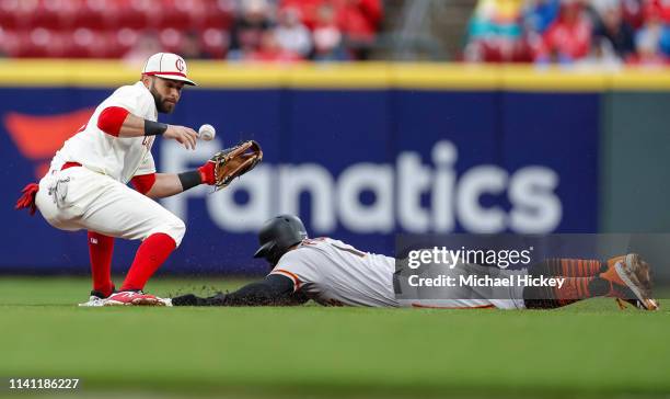 Jose Peraza of the Cincinnati Reds misses the throw as Kevin Pillar of the San Francisco Giants slides safely into second base at Great American Ball...