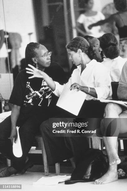 American dancer and choreographer Judith Jamison with actress and playwright Anna Deavere Smith at a rehearsal of a production by the Alvin Ailey...