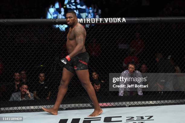 Walt Harris celebrates his TKO victory over Serghei Spivac of Moldova in their heavyweight bout during the UFC Fight Night event at Canadian Tire...