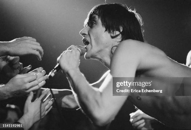 The audience reach out their hands as Iggy Pop performs on stage at the Agora Ballroom, Cleveland, Ohio, United States on his New Values Tour,...