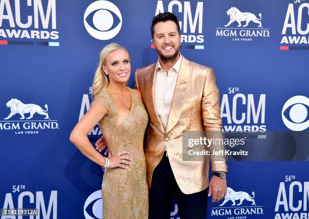 Caroline Boyer and Luke Bryan attend the 54th Academy Of Country Music Awards at MGM Grand Hotel & Casino on April 07, 2019 in Las Vegas, Nevada.