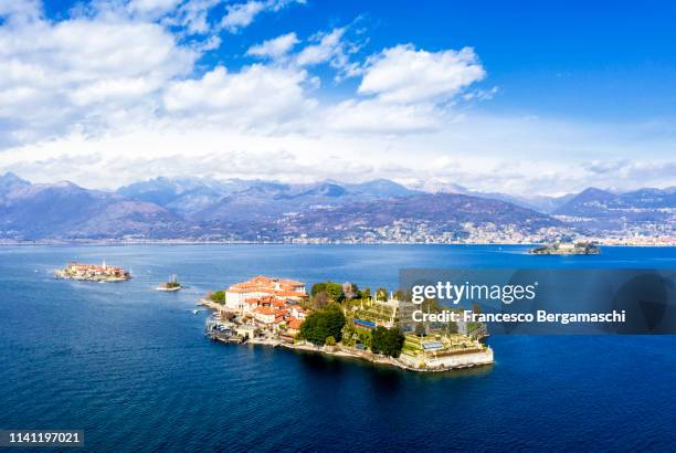 aerial view of the borromee islands with isola bella in the foreground. stresa, lake maggiore, piedmont, italy. europe. - stresa italy stock pictures, royalty-free photos & images