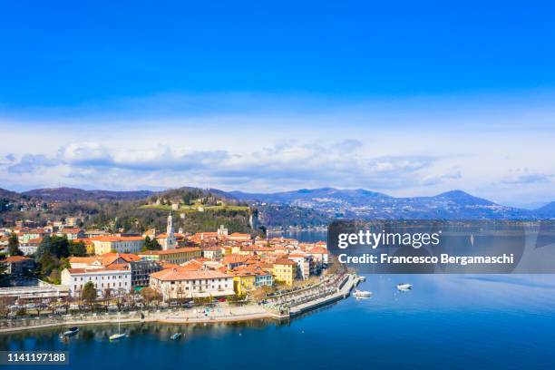 aerial view of the village of arona, lake maggiore, piedmont, italy. europe. - lake maggiore stock pictures, royalty-free photos & images