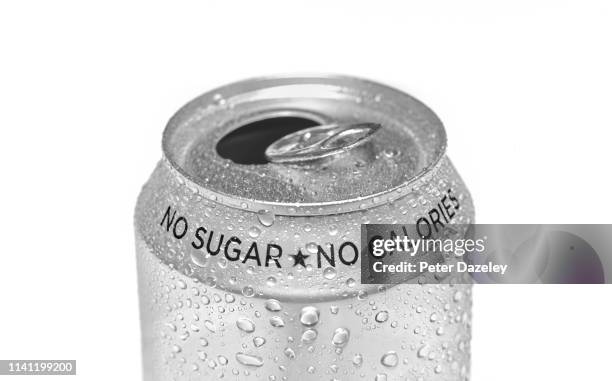 close up of open sugar free calorie free soda can - lata de refresco fotografías e imágenes de stock