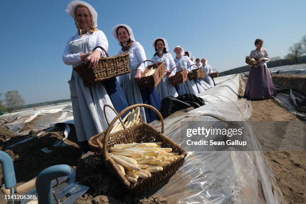 Women dressed as 1930s-era asparagus harvesters hold baskets of white asparagus as they walk near asparagus fields during the launch day of the 2019...