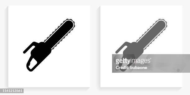 chainsaw black and white square icon - chainsaw stock illustrations