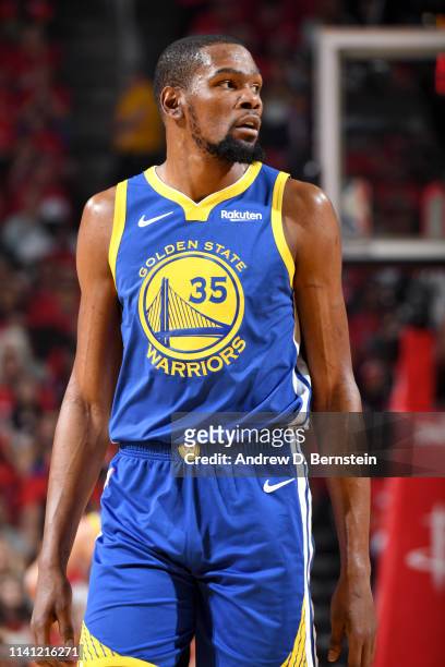 Kevin Durant of the Golden State Warriors looks on against the Houston Rockets during Game Three of the Western Conference Semifinals of the 2019 NBA...