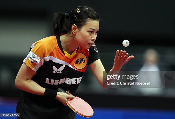 Wu Jiaduo of Germany serves during the Round of 16 Women's Single match between Wu Jiaduo of Germany and Guo Yue of China during the World Table...