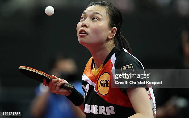 Wu Jiaduo of Germany serves during the Round of 16 Women's Single match between Wu Jiaduo of Germany and Guo Yue of China during the World Table...