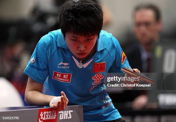 Guo Yue of China serves during the Round of 16 Women's Single match between Wu Jiaduo of Germany and Guo Yue of China during the World Table Tennis...