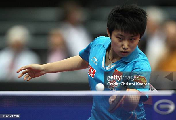 Guo Yue of China plays a forehand during the Round of 16 Women's Single match between Wu Jiaduo of Germany and Guo Yue of China during the World...