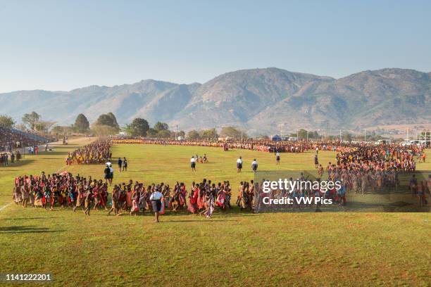 Ludzidzini, Swaziland, Africa - Umhlanga, reed dance ceremony Maidens dance before King Mswati III on day 7 of the ceremony.