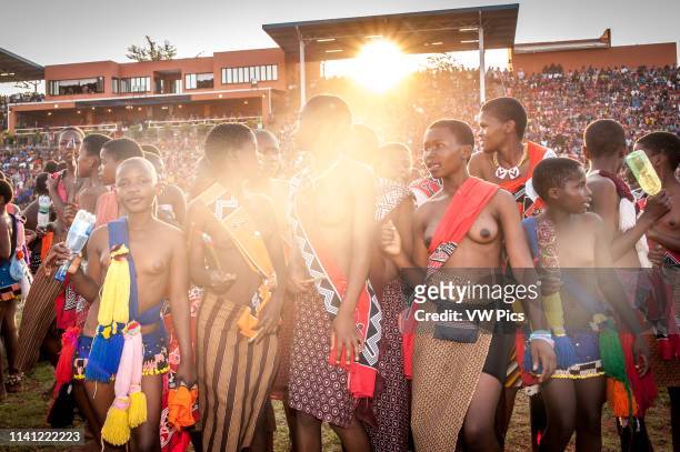 Image contains nudity.) Ludzidzini, Swaziland, Africa - Annual Umhlanga, or reed dance ceremony, in which up to 100,000 young Swazi women gather to...