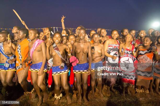 Image contains nudity.) Ludzidzini, Swaziland, Africa - Annual Umhlanga, or reed dance ceremony, in which up to 100,000 young Swazi women gather to...