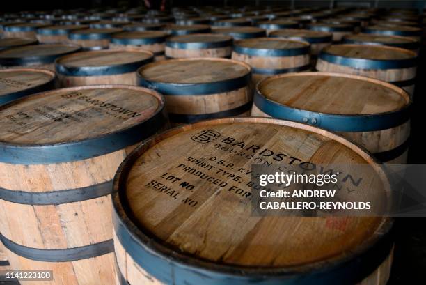 Barrels of bourbon are seen at the Bardstown Bourbon Company in Bardstown, Kentucky on April 11, 2019. - To be called Bourbon in the United States...