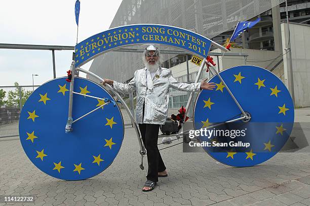 Eurovision Song Contest fan and velo enthusiast Didi Senft shows of his Eurovision bike outside the Esprit Arena, venue of the 2011 Eurovision Song...