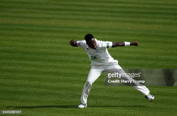 Fidel Edwards of Hampshire celebrates after dismissing Simon Harmer of Essex during Day Four of the Specsavers County Championship Division One match...